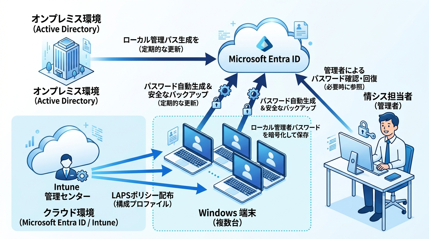Windows LAPS の構成図:Entra ID / AD にパスワードをバックアップするフロー
