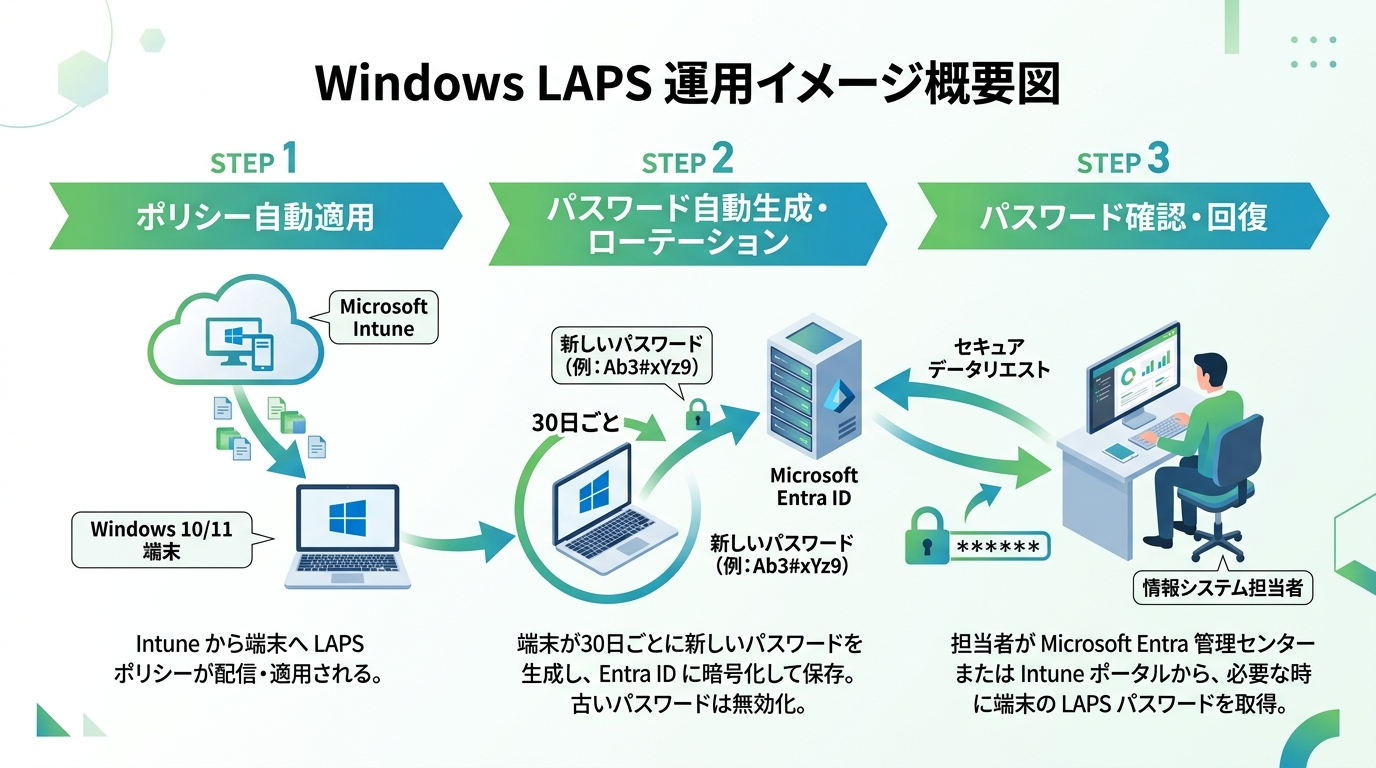 Windows LAPS 運用イメージ:自動生成・バックアップ・回復のフロー
